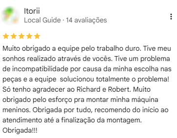 Avaliação de Itorii no Google, com cinco estrelas, sobre montagem e solução de incompatibilidade de peças