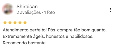 Avaliação de Shiraisan no Google, com cinco estrelas, sobre atendimento perfeito e honestidade