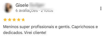 Avaliação de Gisele no Google, com cinco estrelas, sobre profissionalismo, capricho e dedicação