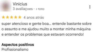 Avaliação de Vinicius no Google, com cinco estrelas, sobre ajuda na montagem e diagnóstico do computador