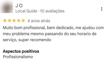 Avaliação de J O no Google, com cinco estrelas, sobre atendimento profissional e dedicado